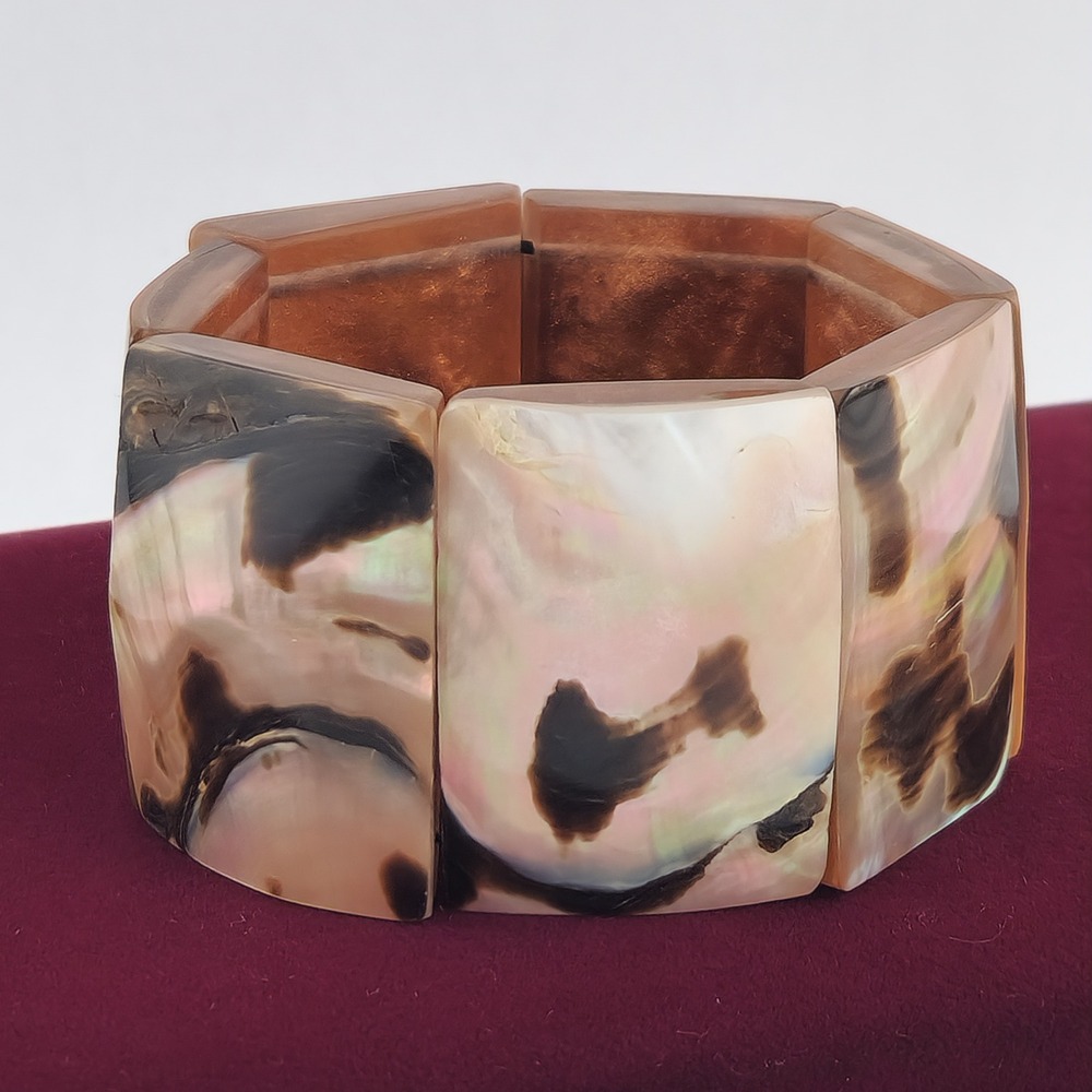 Vintage Mother of Pearl Shell Stretch Cuff Bracelet Iridescent Brown Wide Panel